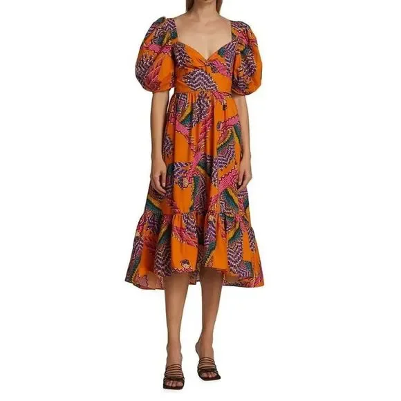 FARMRio Macaw Puff-Sleeve Midi Dress